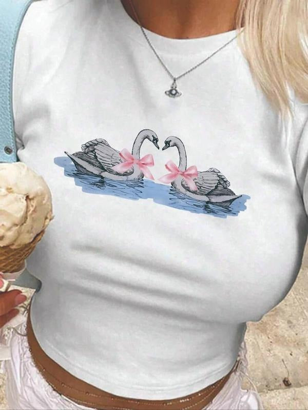 Women's Swan & Bow Print Round Neck Crop Tee, Trendy Short Sleeve Crew Neck T-Shirt for Summer, Fashion Casual Women's...