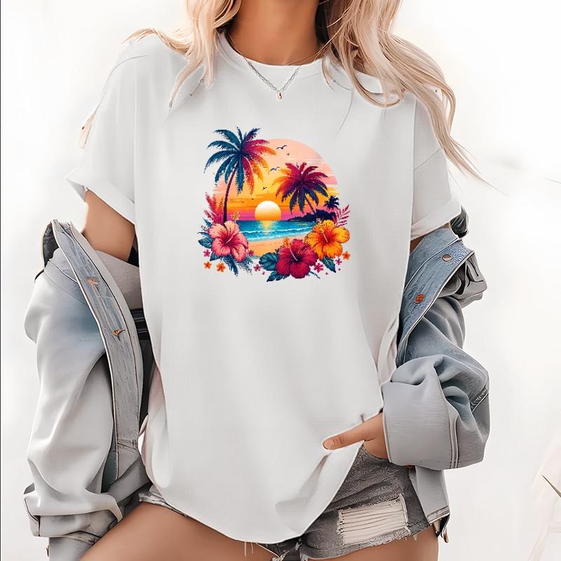 Women's T - Shirt Showcasing Tropical Paradise: Palm Trees, Sunset, and Floral Graphic Hoodie, Sweatshirt | HypeDripTees.com