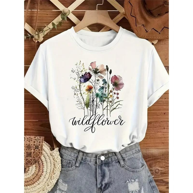 Women's T-Shirt | Vibrant Wildflower Print | Round Neck, Short Sleeve | Breathable & Stretchy Knit Fabric | Machine...