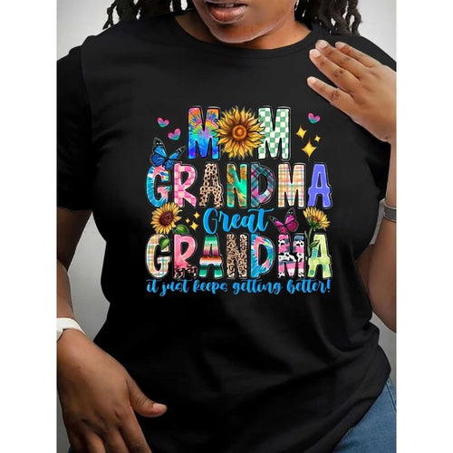 Women's T-Shirt, "Great Grandma" Letter Print, Casual Short Sleeve, Round Neck, Knit, Stretch Fabric, All-Season,...