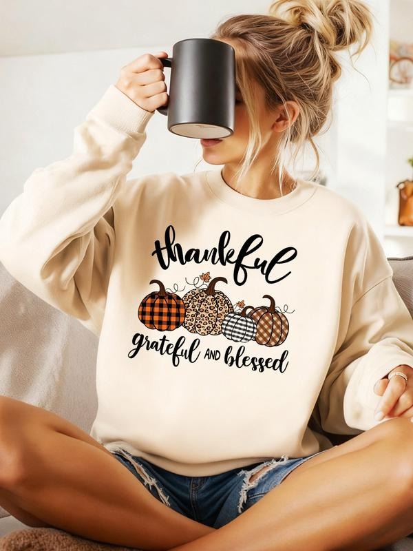Women's Thanksgiving Round Neck Pullover Sweatshirt, Pumpkin Print, Casual Fitted Knitwear, Fall & Winter Warm T-Shirts,...