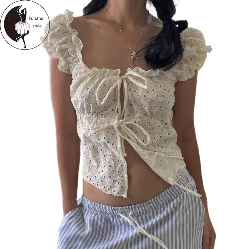 Women's Tie-up Front T-Shirts Short Sleeve Square NeckFit Tops Frill Trim T-Shirts Hoodie, Sweatshirt | HypeDripTees.com