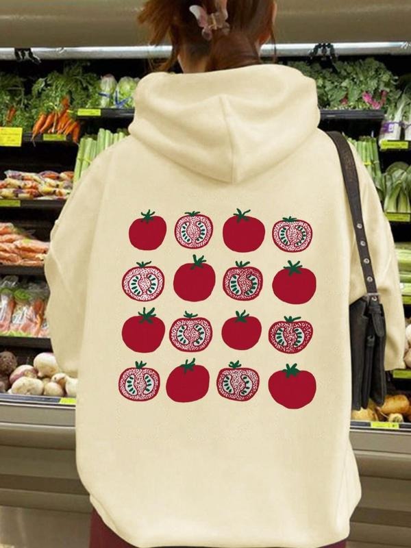 Women's Tomato Print Drop Shoulder Hoodie, Fashion Casual Drawstring Pocket Hooded Sweatshirt for Daily Holiday Outdoor...