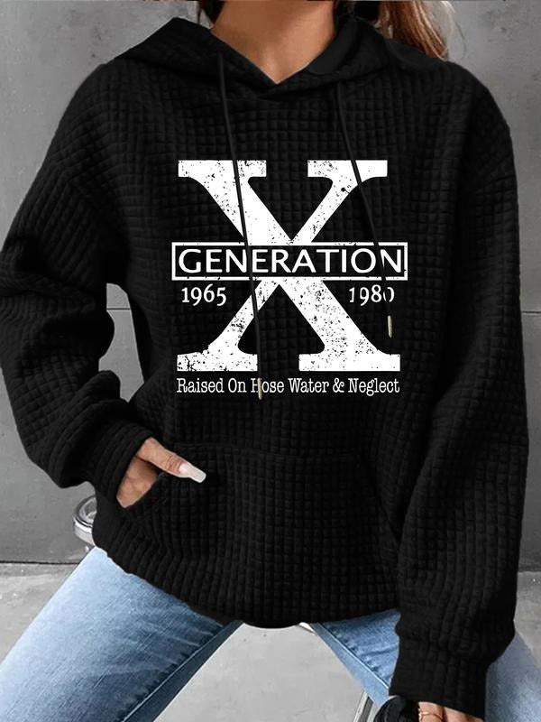Women's Trendy Hooded Sweatshirt X-Generation Print, Long Sleeve Pullover with Pocket, Fall & Winter Casual Top T-Shirts,...