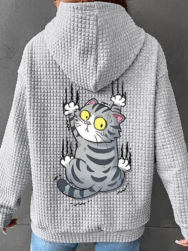 Women's Trendy Hooded Sweatshirt with Cute Cat Print, Long Sleeve Pullover with Pocket, Fall & Winter Casual Top...