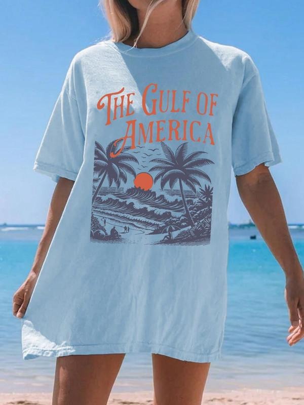 Women's Tropical & Letter Print Round Neck Tee, Casual Short Sleeve Crew Neck T-Shirt for Summer, Fashion Women's Top for...