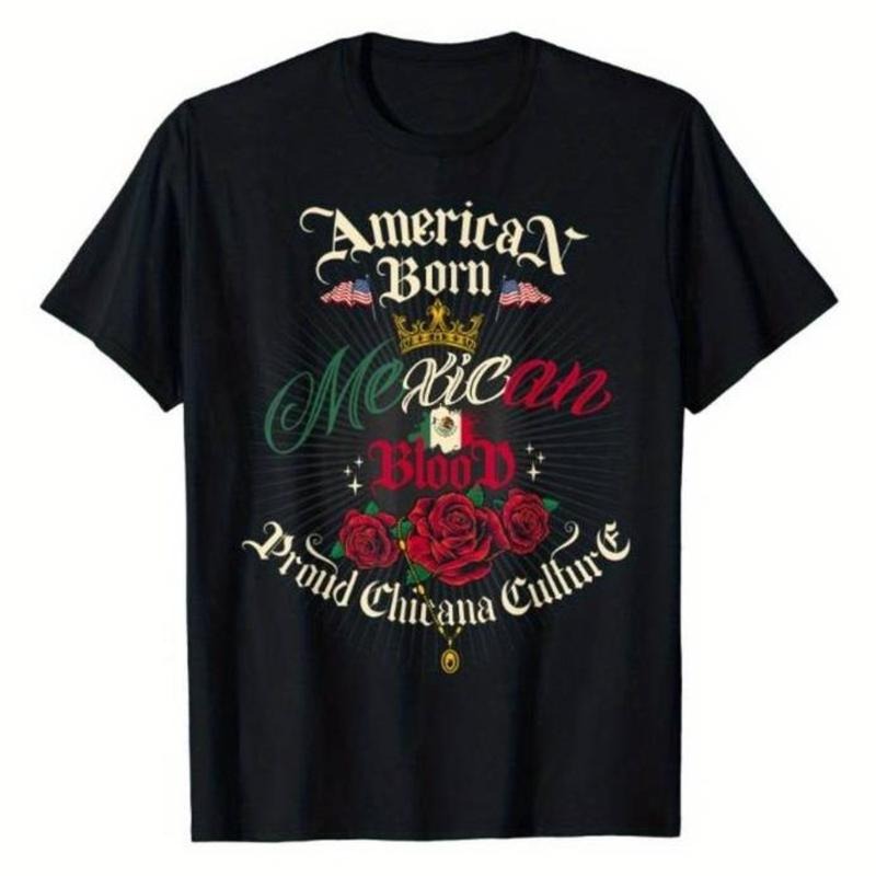 Women's Tshirt Chicana Style for Women American Born Mexican Blood Chingona Round Neck Short Sleeve T-shirt Black for...