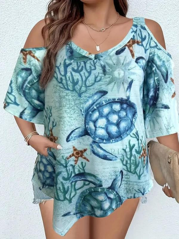 Women's Turtle & Coral Print  Cold Shoulder Tee, Boho Casual Cut Out Half Sleeve T-shirt for Women, Women's Plus Size...