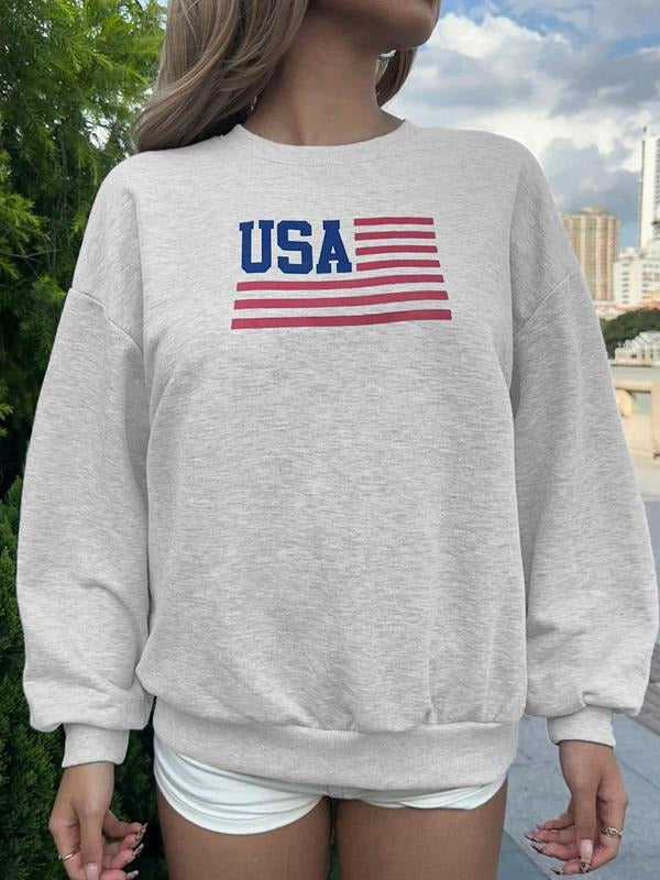 Women's USA Flag Print Drop Shoulder Sweatshirt, Casual Long Sleeve Round Neck Pullover for Daily Wear, Ladies Clothes...