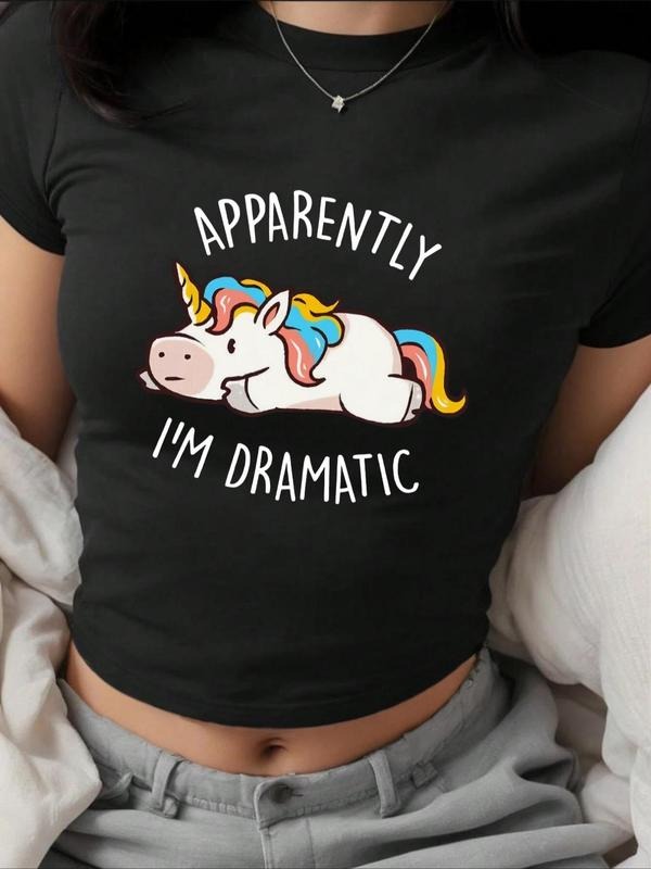Women's Unicorn & Letter Print Round Neck  Crop Tee, Casual Short Sleeve Crew Neck T-shirt for Summer, Fashion Women's...