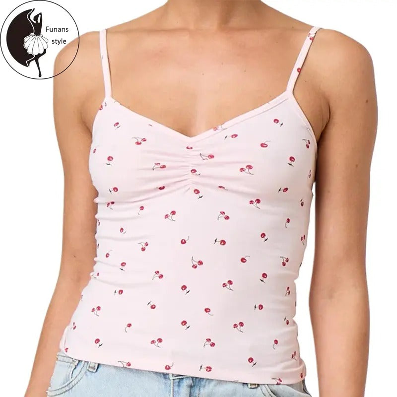 Women's V Neck Cami Tops Sleeveless Spaghetti Strap Cherry Print Camisole Summer Shirt Hoodie, Sweatshirt | HypeDripTees.com