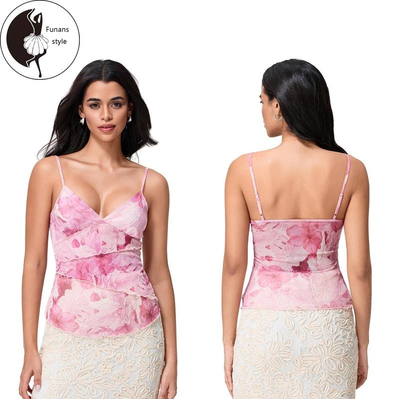 Women's V Neck Cami Tops Sleeveless Spaghetti Strap Floral Print Camisole Mesh Shirt Hoodie, Sweatshirt | HypeDripTees.com