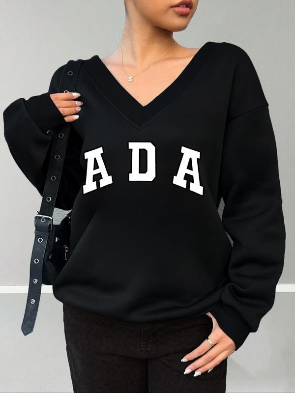 Women's V Neck Pullover Sweatshirt, Casual Loose Fit, Fall & Winter Fashion, Comfortable Streetwear, Youthful Campus...