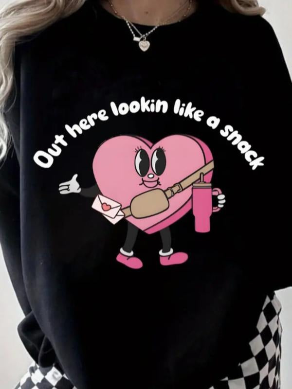 Women's Valentine's Day Heart Pattern Round Neck Sweatshirt, Casual Fitted Pullover, Medium Stretch, All Season Comfort...