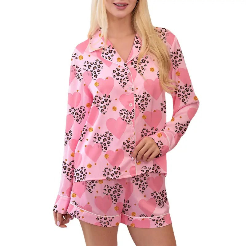 Women's Valentine's Day Lounge Set Long Sleeve Heart Print Shirt Shorts Sleepwear Hoodie, Sweatshirt | HypeDripTees.com