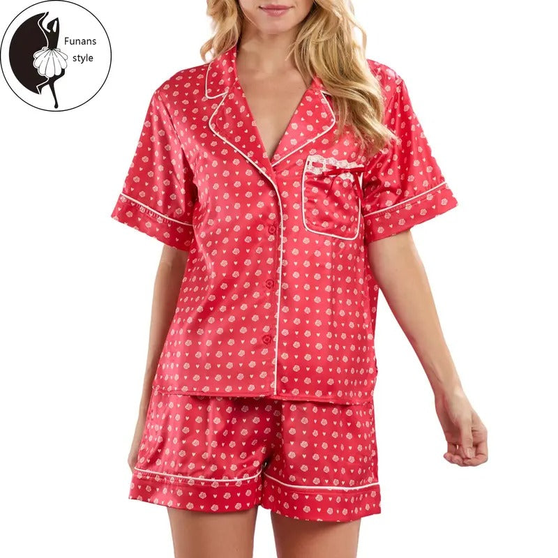 Women's Valentine's Day Lounge Set Short Sleeve Heart Print Shirt Shorts Sleepwear Sets Hoodie, Sweatshirt | HypeDripTees.com