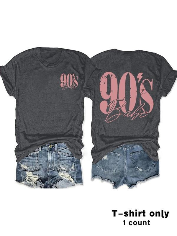 Women's Vintage 1990's Letter Print Round Neck Graphic Tee, Casual Short Sleeve T-shirt for Daily Wear, Ladies Summer,...