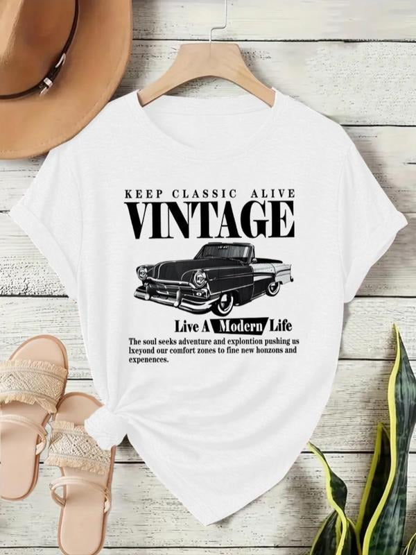 Women's Vintage Car Print Round Neck Tee, Casual Short Sleeve T-shirt for Daily Wear, Ladies Clothes for All Seasons, Top...