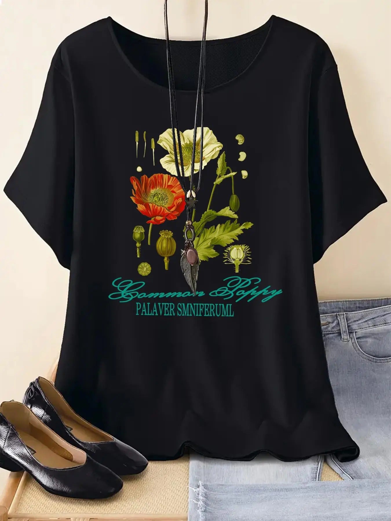 Women's Vintage Floral & Letter Print Round Neck Graphic Tee, Casual Short Sleeve Crew Neck T-Shirt for Summer, Fashion...