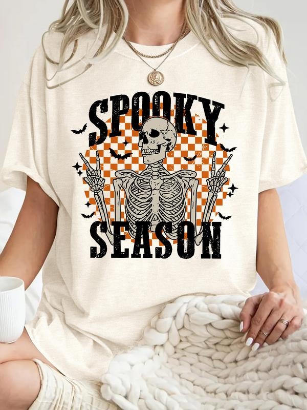 Women's Vintage Horror Halloween Sweatshirt, Casual Summer Plaid Shirt, Breathable Round Neck Short Sleeve Top, S-Xxl Hoodie