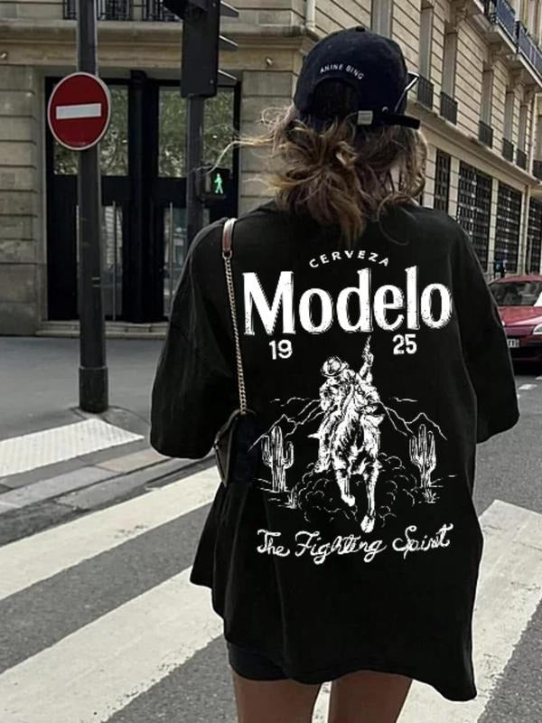 Women's Vintage Letter & Horse Print Round Neck Tee, Casual Short Sleeve T-shirt for Summer, Women's Top for Daily Wear...