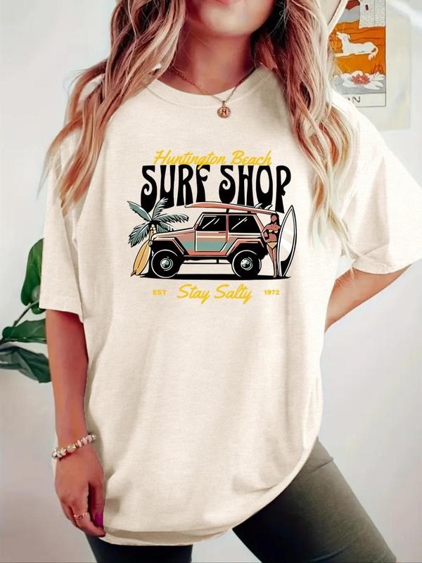 Women's Vintage Surf Shop Graphic Tee, Casual Round Neck Short Sleeve T-shirt for Summer, Women's Top for Daily Wear...