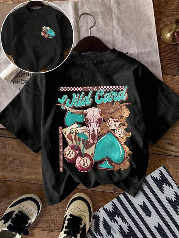 Women's Vintage Wild West Skeleton Bull Head Print Round Neck Tee, Casual Letter Graphic Short Sleeve T-shirt for Summer,...