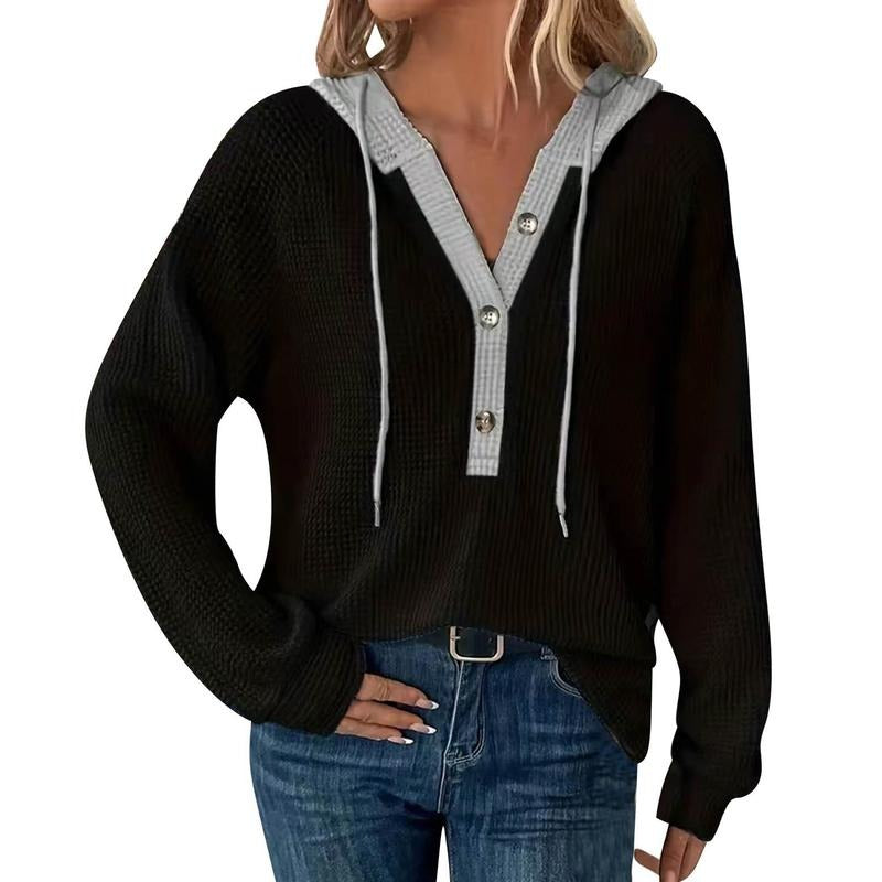 Women's Waffle Hoodie Contrast Color Half Button-up Long Sleeve Raglan Casual Oversized Sweatshirt T-Shirts