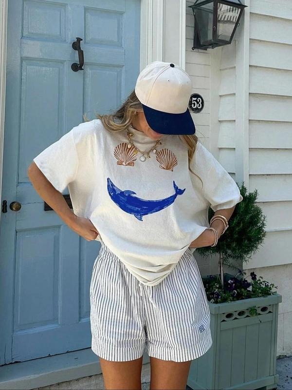 Women's Whale & Shell Print Round Neck Tee, Casual Short Sleeve Crew Neck T-shirt for Summer, Fashion Women's Top for...