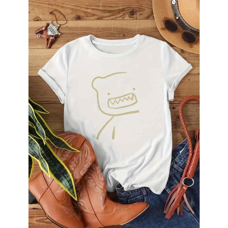 Women's White Pure Cotton Loose Fit T-Shirt with Cute Bear Graphic Print