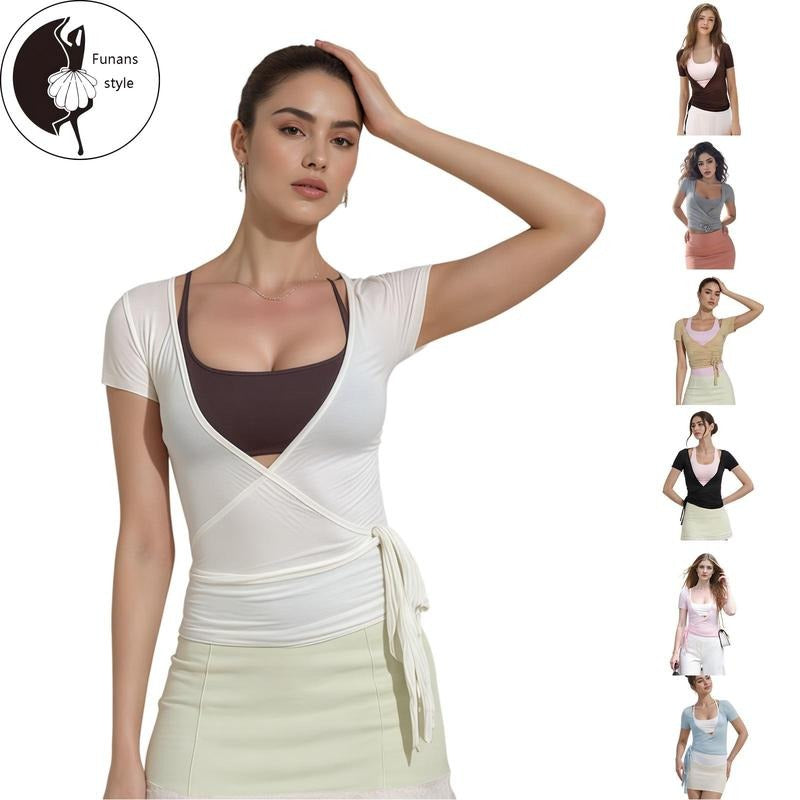 Women's Wrap V Neck Tops Basic Short Sleeve Solid Color Tie Side T-Shirts Workout Blouses Hoodie, Sweatshirt