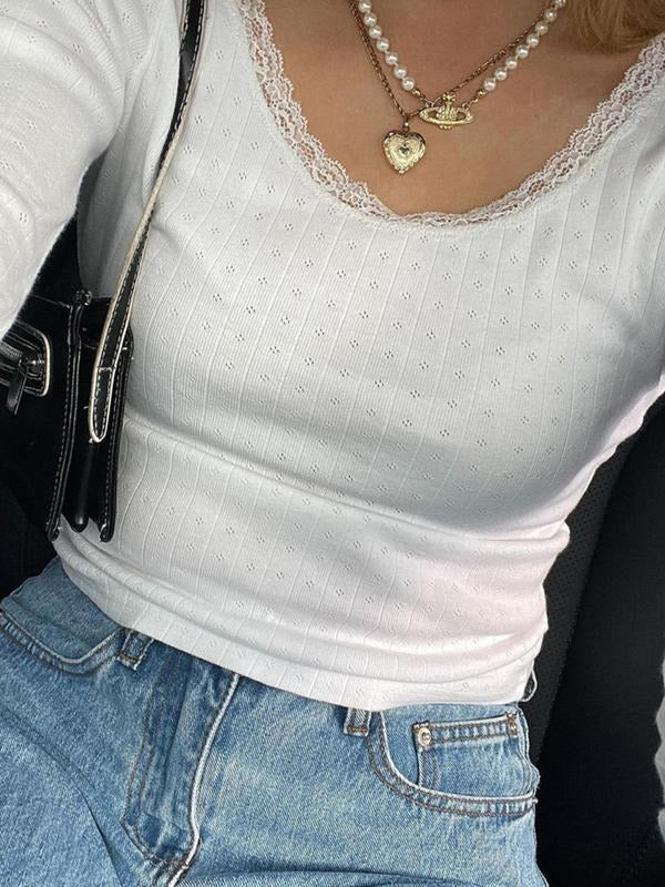 Women's Y2k Trendy Textured Contrast Lace Round Neck Crop Tee, Casual Long Sleeve Crew Neck T-shirt for Spring & Fall,...