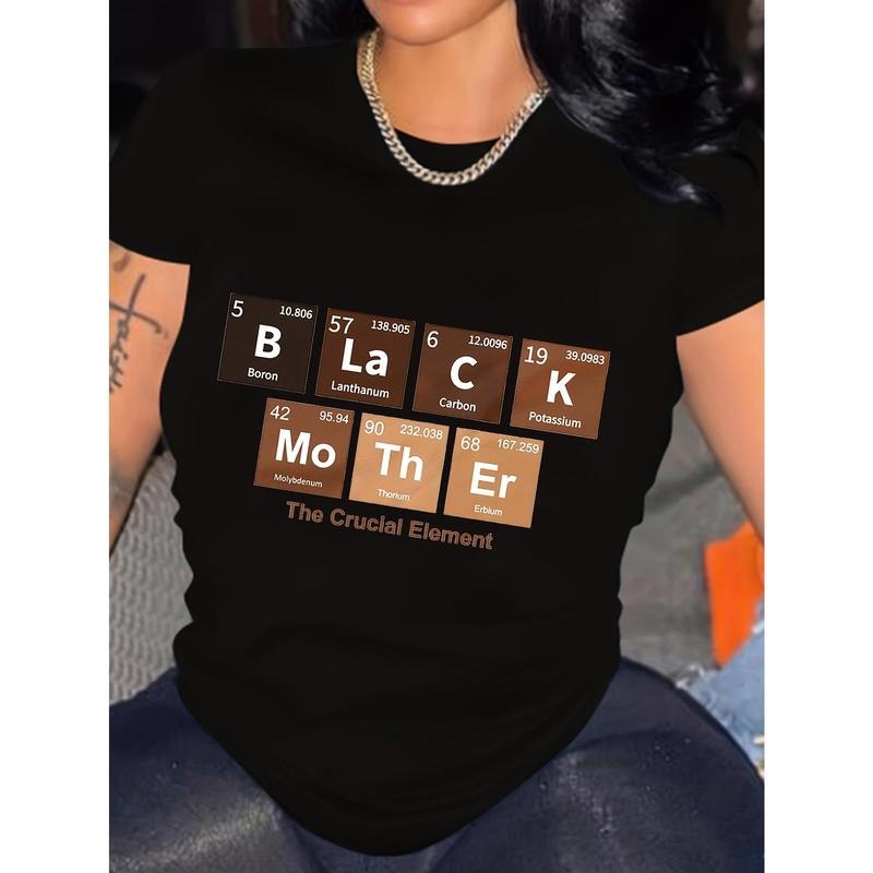 Women's casual round neck T-shirt with periodic table patch, polyester and spandex knitted fabric, short sleeve top for...