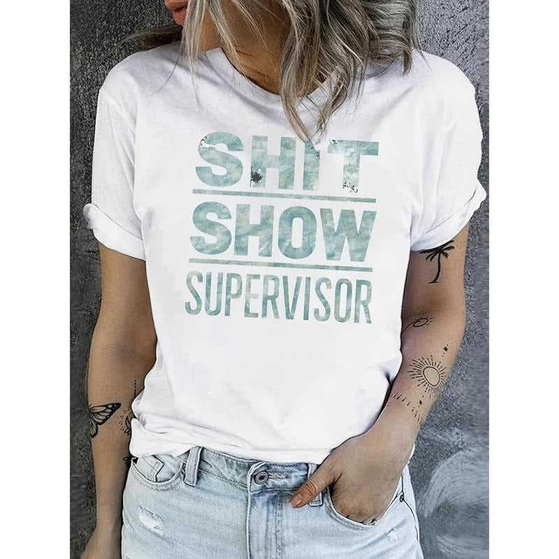 Women's stylish letter print T-shirt Comfortable casual short sleeve round neck daily wear top style 02 Hoodie, Sweatshirt