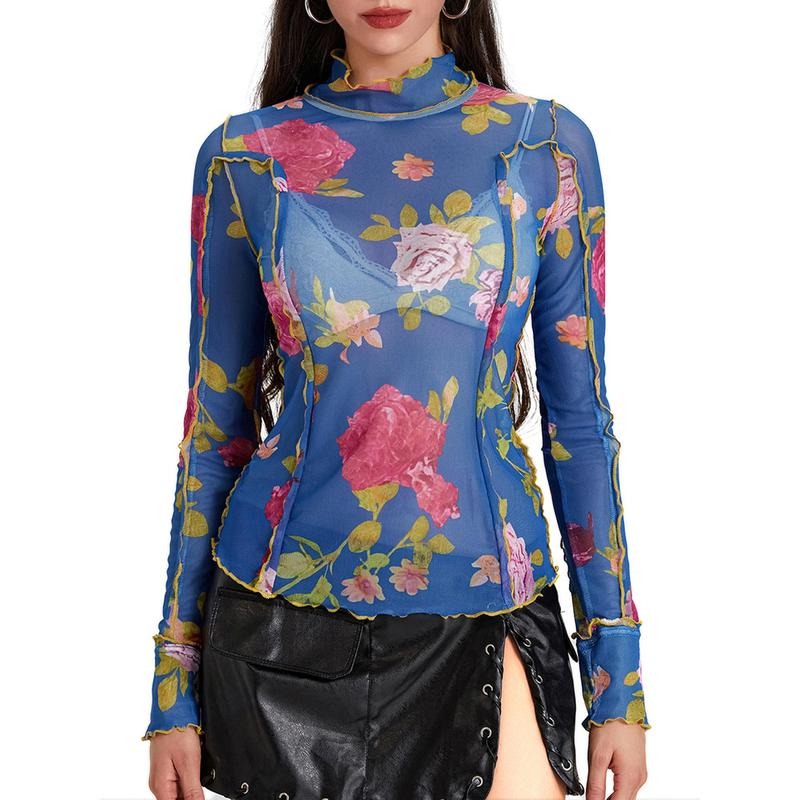 Women'sMesh Tops Floral Print Long Sleeve High Neck Lettuce T-Shirt for Spring, Summer Hoodie, Sweatshirt | HypeDripTees.com