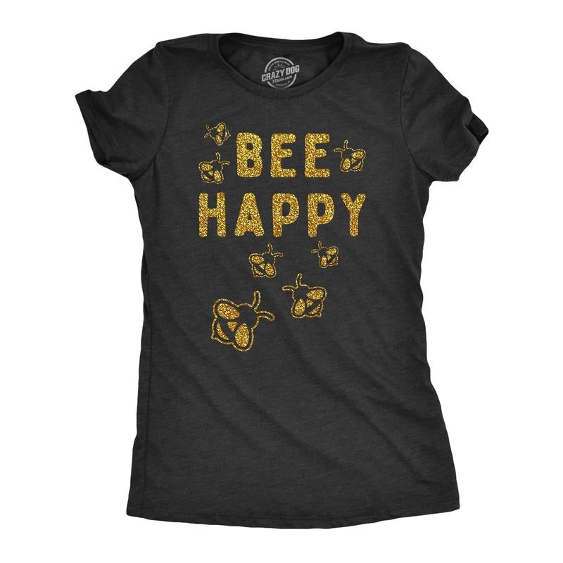 Womens Bee Happy Glitter T Shirt Cute Earth Day Bee Graphic Novelty Tee for Ladies Funny Womens T Shirts Cute Vintage...