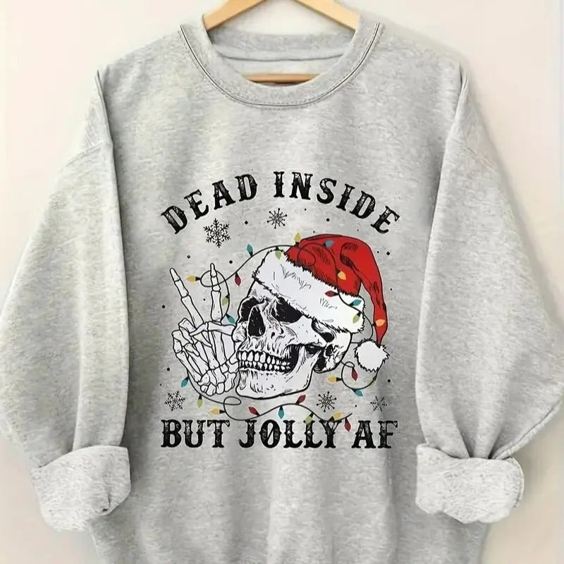 Womens Christmas Skull & Letter Print Long Sleeve Crew Neck Pullover Sweatshirt T-Shirts, Hoodie | HypeDripTees.com