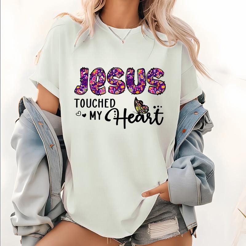 Womens Jesus Touched my Heart Print T Shirt, FAITH OVER FEAR, Christian Short Sleeve Tops, Catholic Tee, Love Faith and...