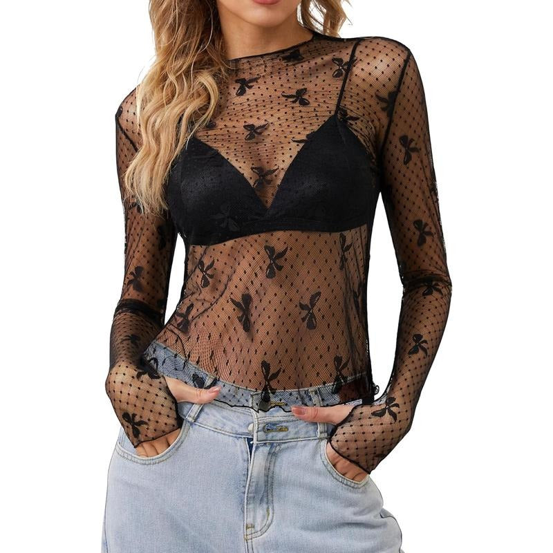 Womens Sheer Lace Tops Bow Lettuce Trim Boat Neck Long Sleeve Slim Fit Casual Parties Shirt Polyester Womenswear Hoodie,...
