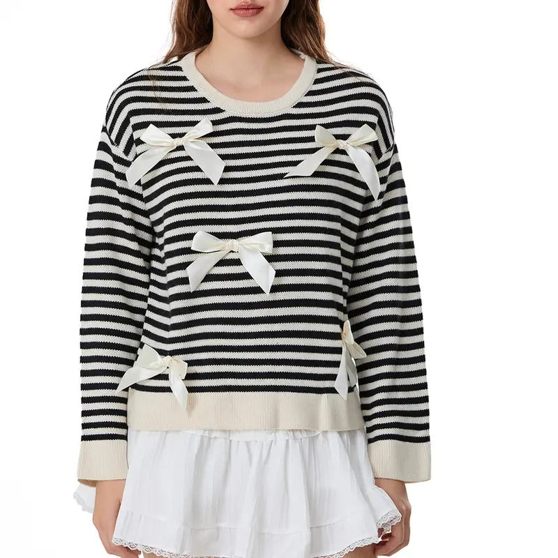 Womens Striped Sweatshirt 3D Bow Crew Neck Long Sleeve Pullover Tops Casual Streetwear T-Shirts, Hoodie | HypeDripTees.com