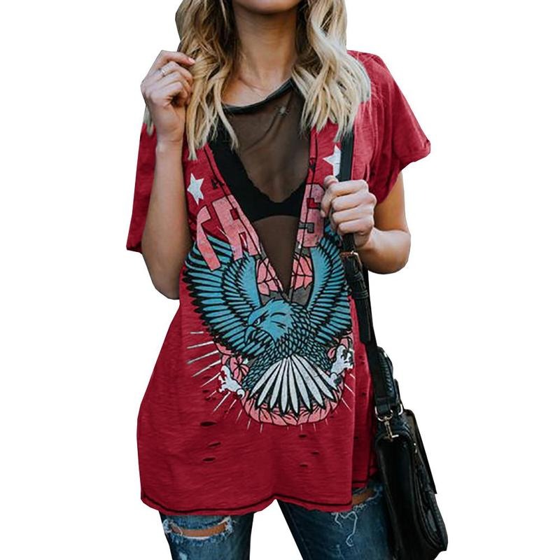 Womens V Neck Sexy T Shirts Mesh Sheer Punk Print Hole Short Sleeve Tops Hoodie, Sweatshirt | HypeDripTees.com