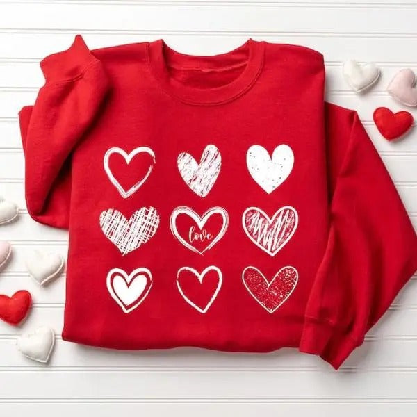 Womens Valentines Hearts Sweatshirt, Cute Valentine Sweatshirt, Teacher Valentine Shirt, Love Hoodie, Valentines Day...