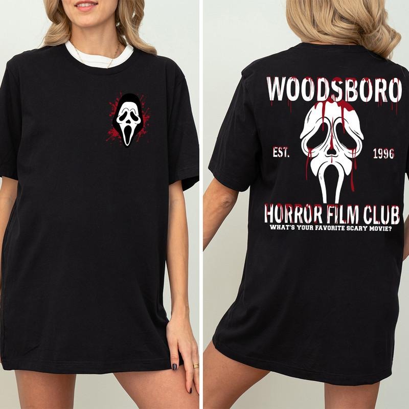 Woodsboro Horror Film Club 2 Sided T-Shirt, Horror Film Club  T-Shirt,, Woodsboro Scream  T-Shirt,, Scream Ghostface...