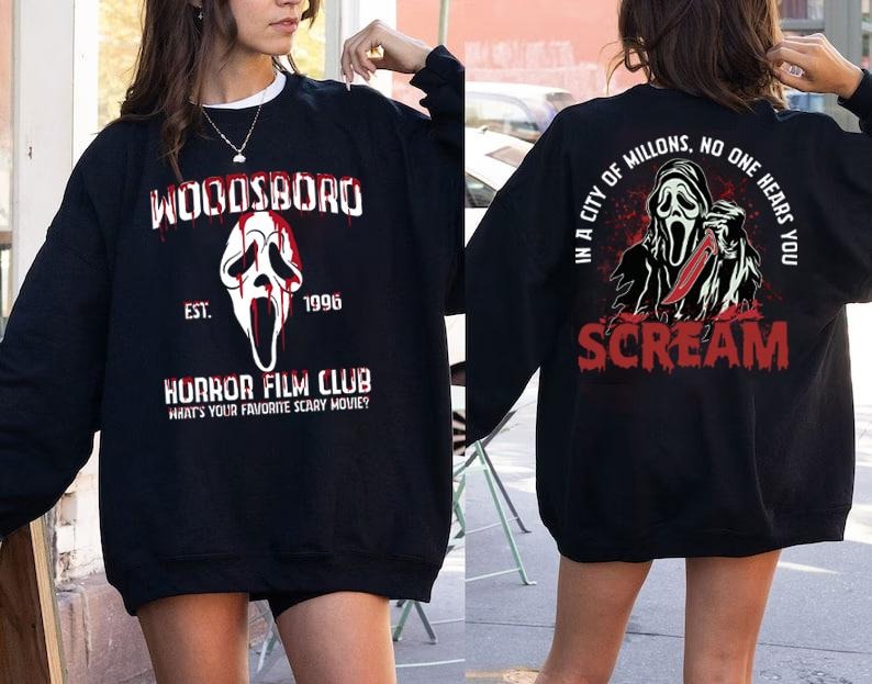 Woodsboro Horror Film Club Sweatshirt, Horror Ghostface Halloween Sweater, Halloween Ghostface Vintage Tee Shirt, Scary...