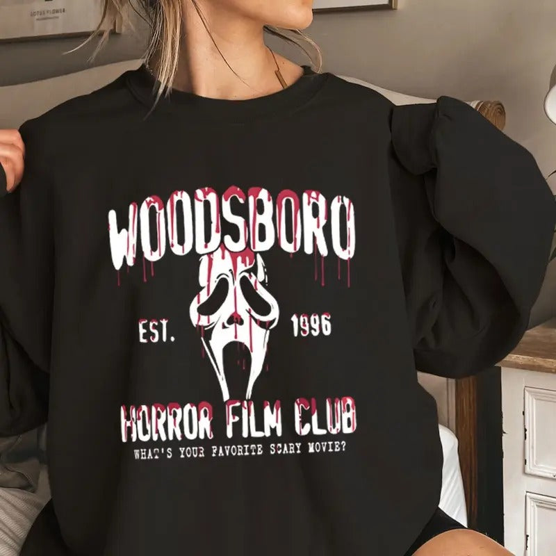 Woodsboro Horror Film Club TShirt Hoodie Sweatshirt, Spooky Season t-shirt Horror ghost Thriller shirt, Scream Vintage...