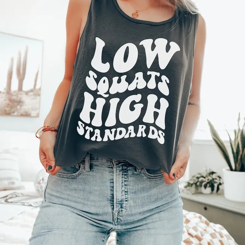 Workout Tank For Women, Low Squats High Standards Shirt, Funny Work Out Top Hoodie, Sweatshirt | HypeDripTees.com