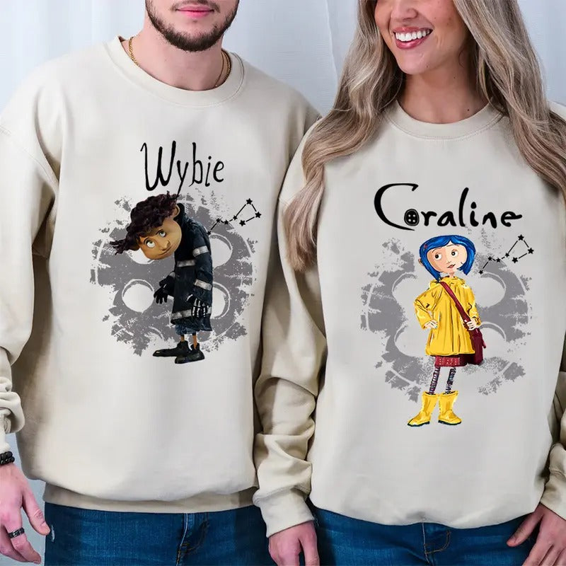 Wybie and Coraline Couple Couple Sweatshirt, Cute Coraline T-Shirt, Valentine Movie Hoodie Shirt, Coraline yellow Coat...