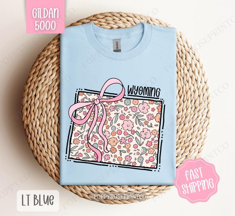 Wyoming Floral Bow Gildan Cute State Coquette Top T-Shirts, Hoodie, Sweatshirt