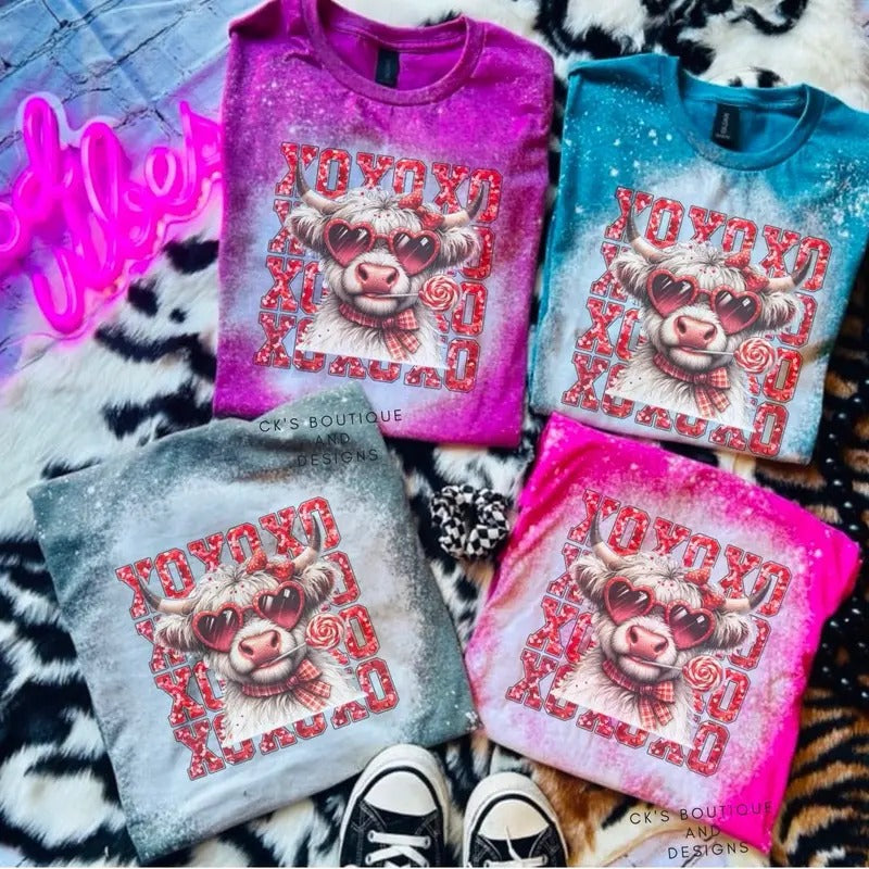 XOXO Highland Cow Bleached Shirt - Ash Grey - Western Valentines Day Hoodie, Sweatshirt | HypeDripTees.com