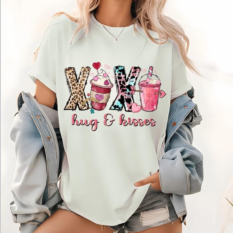 XOXO Valentine Pattern T Shirt, Valentines Day Graphic Tops, Love Tee, Cute Valentine's Day Shirts for Women, Valentines...